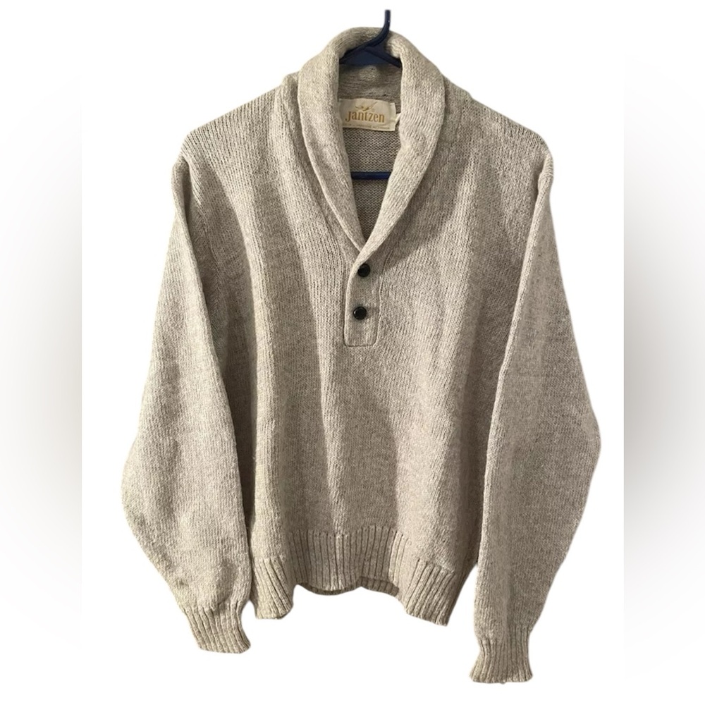 Vintage Jantzen Sweater Wool Blend Shawl Collar Knit Medium Gray Buttons Canada